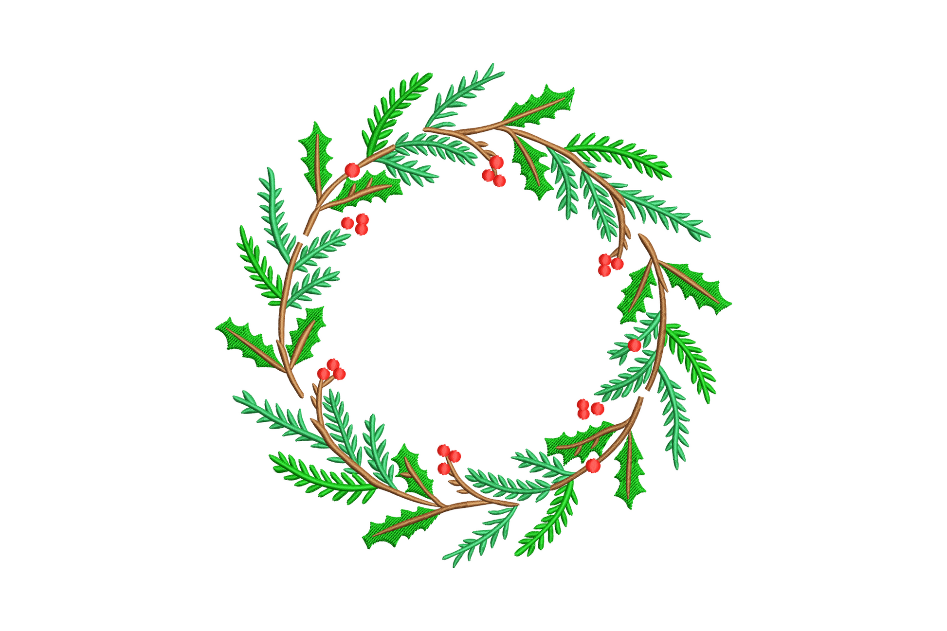 Christmas greenery wreath embroidery design with cedar fronds, holly leaves and red berry clusters in four colors