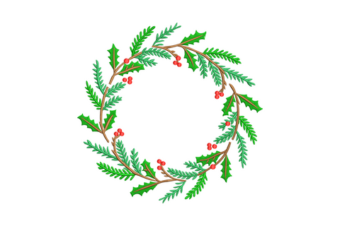 Christmas greenery wreath embroidery design with cedar fronds, holly leaves and red berry clusters in four colors