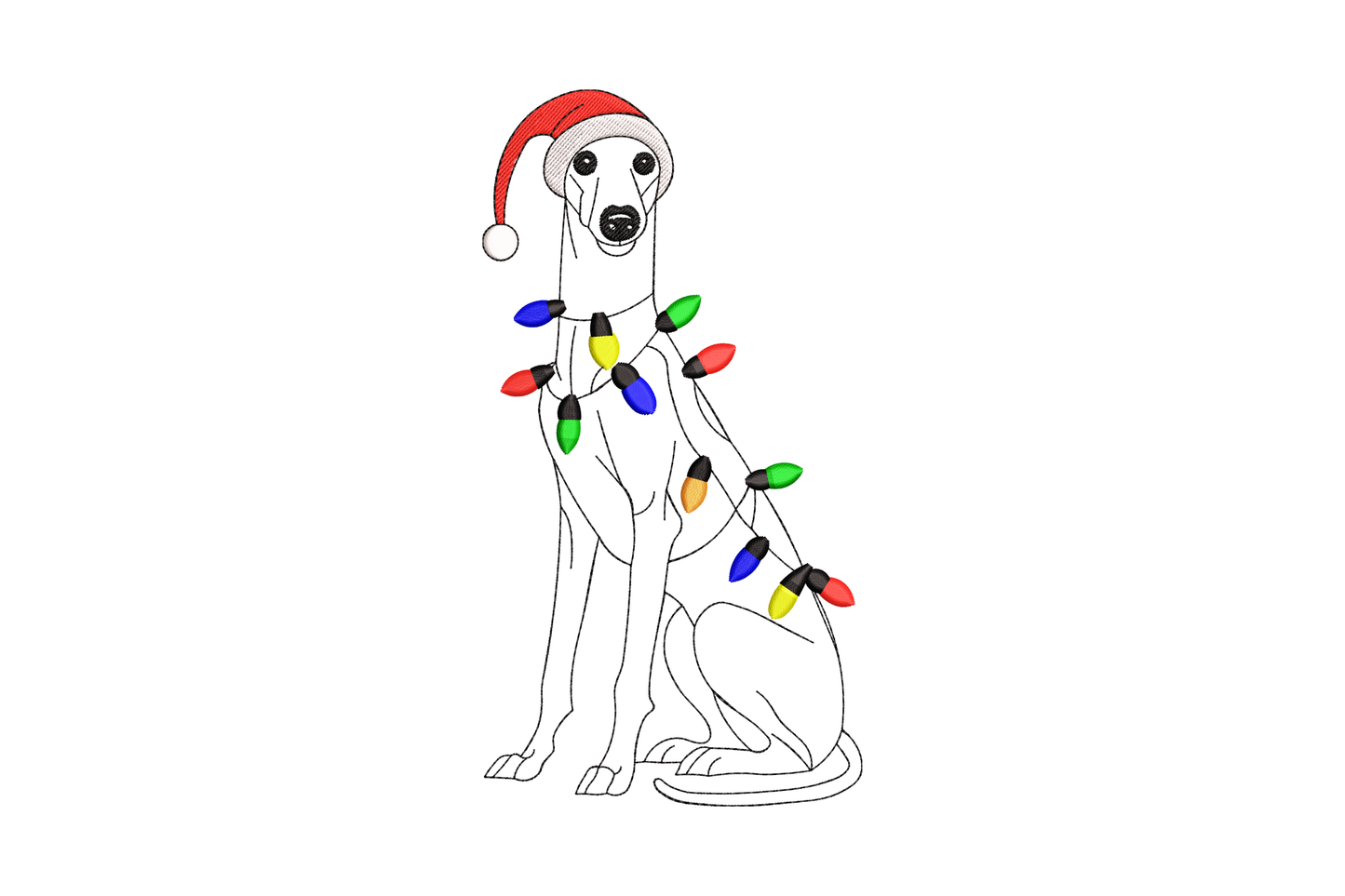 Christmas greyhound dog embroidery design with festive lights strand draped along slim body, multicolour bulbs on charcoal sweatshirt.