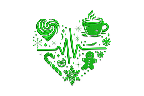 Christmas heart embroidery design, heart of candy cane gingerbread mug snowflake icons in dark green thread.