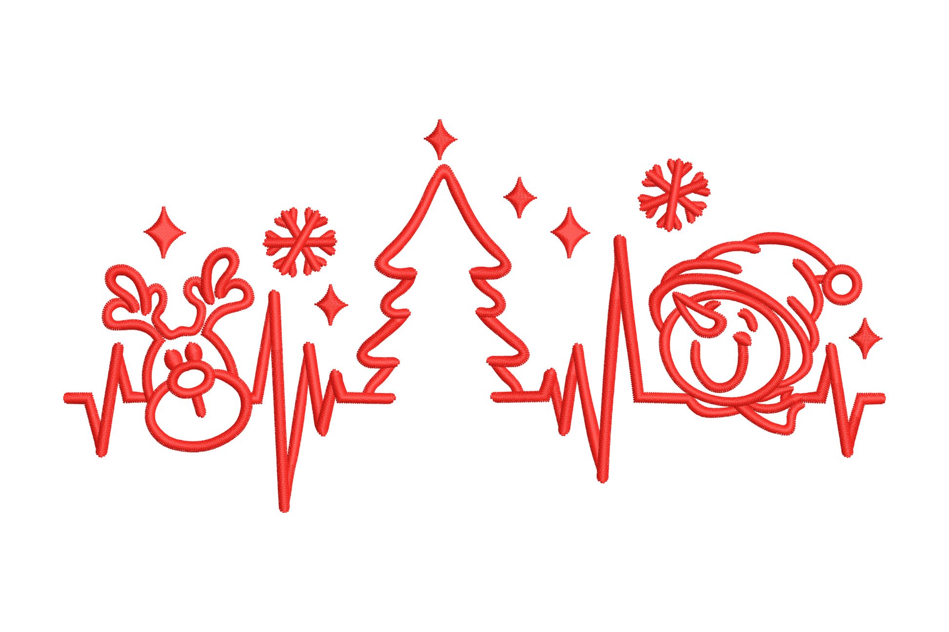Christmas heartbeat EKG embroidery design in red with a reindeer, snowflake, Christmas tree and Santa face along the line