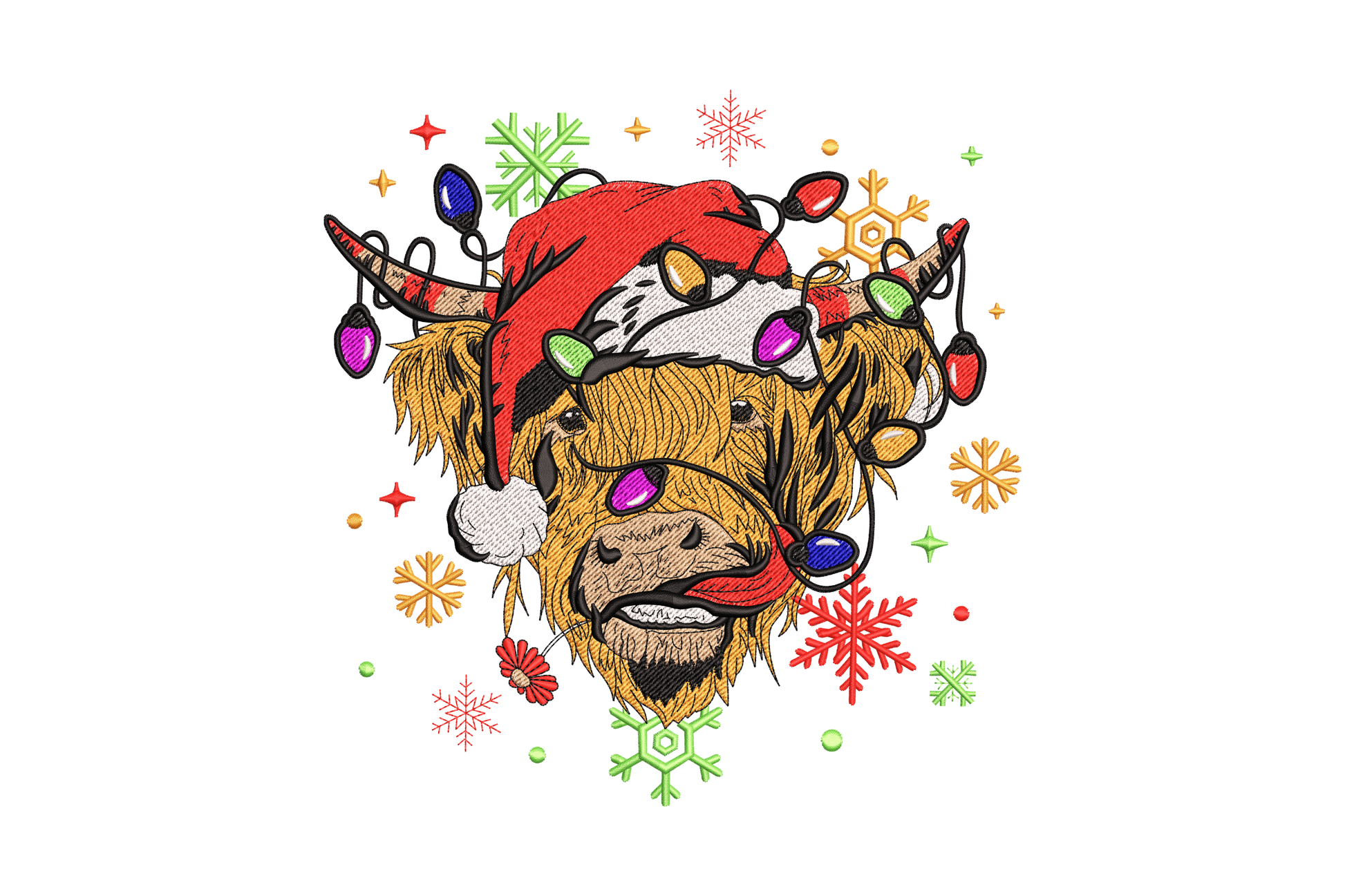 Christmas highland cow embroidery, santa hat, multicolour fairy lights on horns and coloured snowflakes, up to 8.5 inches wide.