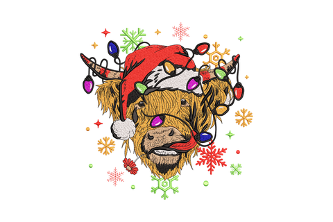 Christmas highland cow embroidery, santa hat, multicolour fairy lights on horns and coloured snowflakes, up to 8.5 inches wide.