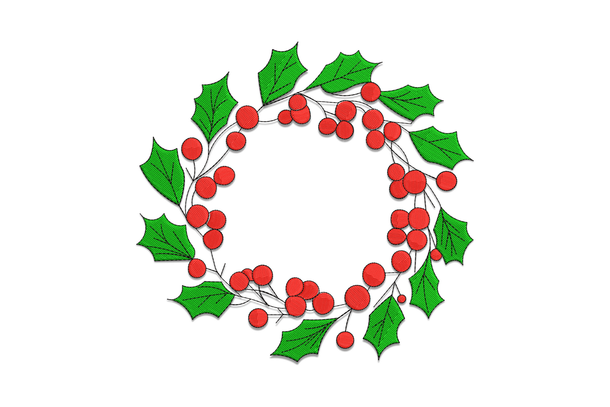 Christmas holly berry wreath embroidery design, forest green leaves, crimson berries, black outline, on red pillow cover.