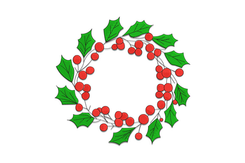 Christmas holly berry wreath embroidery design, forest green leaves, crimson berries, black outline, on red pillow cover.