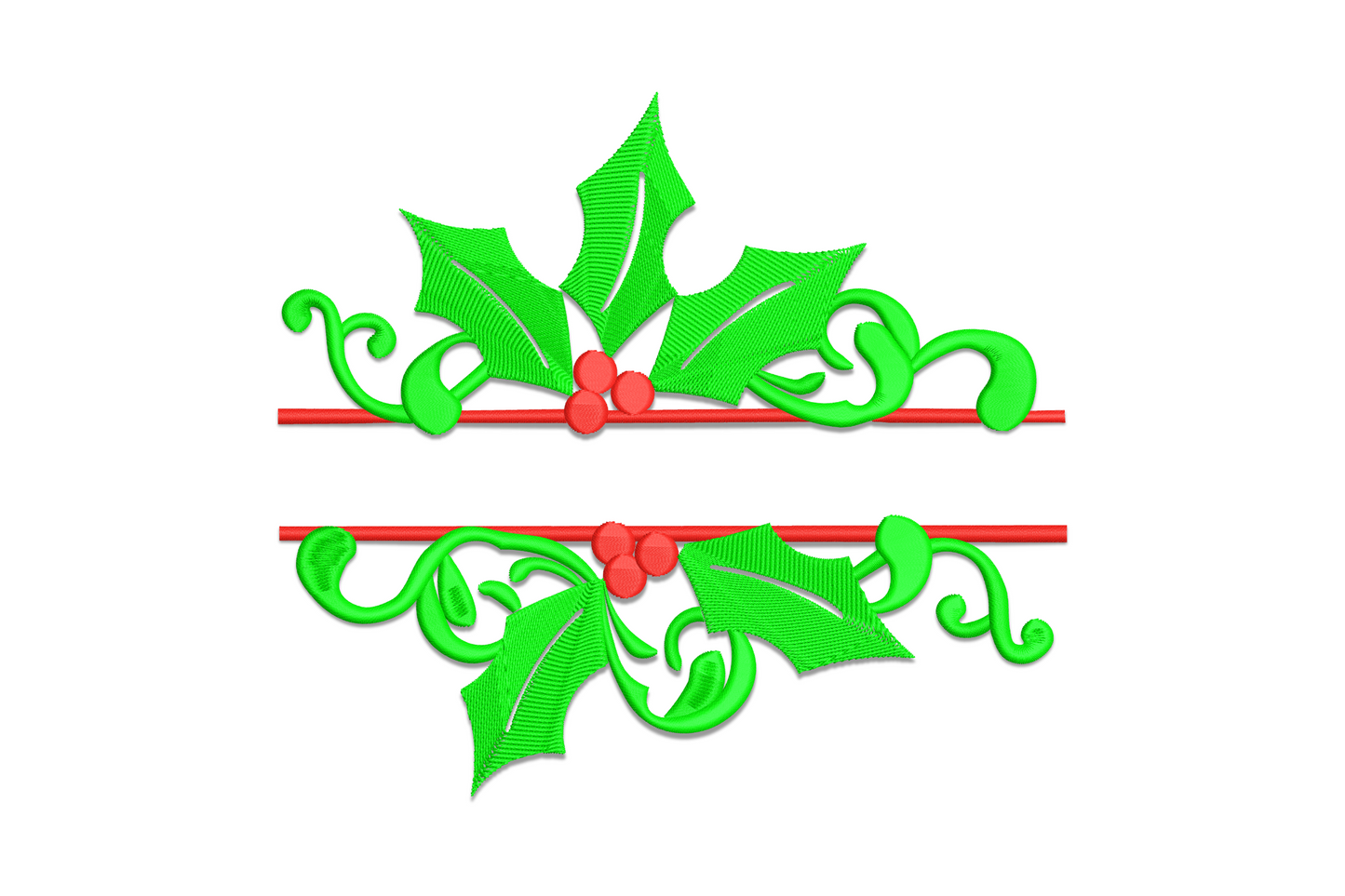 Christmas holly split border embroidery with green leaves, red berries and parallel red ribbon bands for a monogram gap.