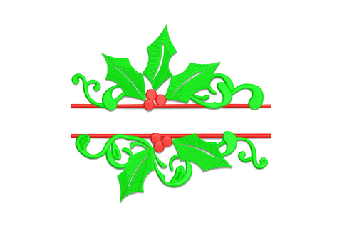 Christmas holly split border embroidery with green leaves, red berries and parallel red ribbon bands for a monogram gap.