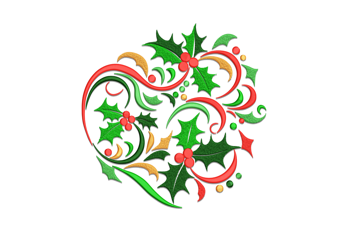 Christmas holly swirl embroidery with forest green holly leaves, red berry clusters, gold and coral ribbon swirls arranged in a botanical ring.