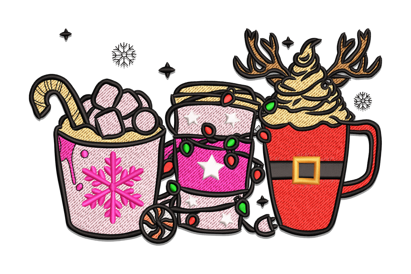 Three Christmas cocoa mugs: pink snowflake mug, magenta lights-wrapped cup, and red Santa-belt mug with antlers.