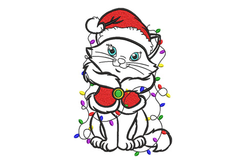 Christmas kitten embroidery design showing a seated cat in a tilted Santa hat and green scarf, 8 colours with directional satin fur stitching and density 590 on fabric