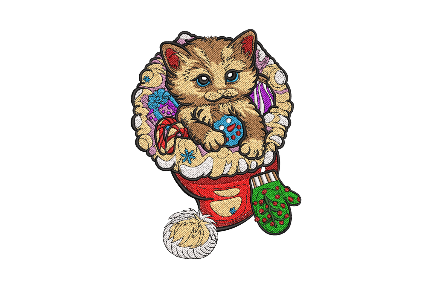 Fluffy kitten peeking out of a red christmas stocking with white cuff, ears and paws visible, holiday cat embroidery.