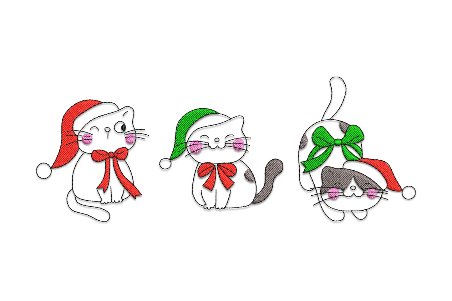 Pair of kittens in santa hats with a wrapped gift, vertical portrait embroidery design in warm ginger and cream.