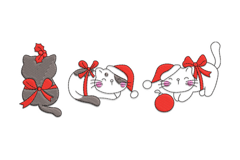 Three Christmas kittens in a horizontal row wearing different holiday accessories, cartoon style in mixed coat colours.