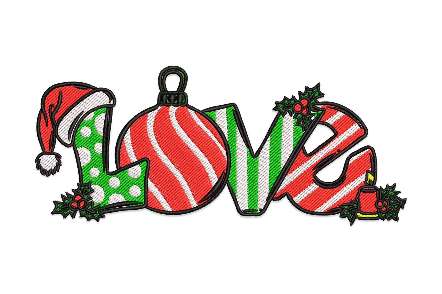 Christmas LOVE embroidery design with polka-dot L wearing a Santa hat, round ornament O with swirl stripes, candy-stripe V, and holly-trimmed E with a small candle.