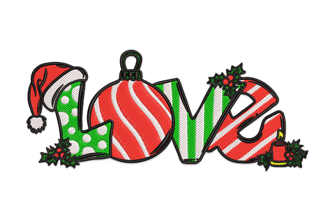 Christmas LOVE embroidery design with polka-dot L wearing a Santa hat, round ornament O with swirl stripes, candy-stripe V, and holly-trimmed E with a small candle.