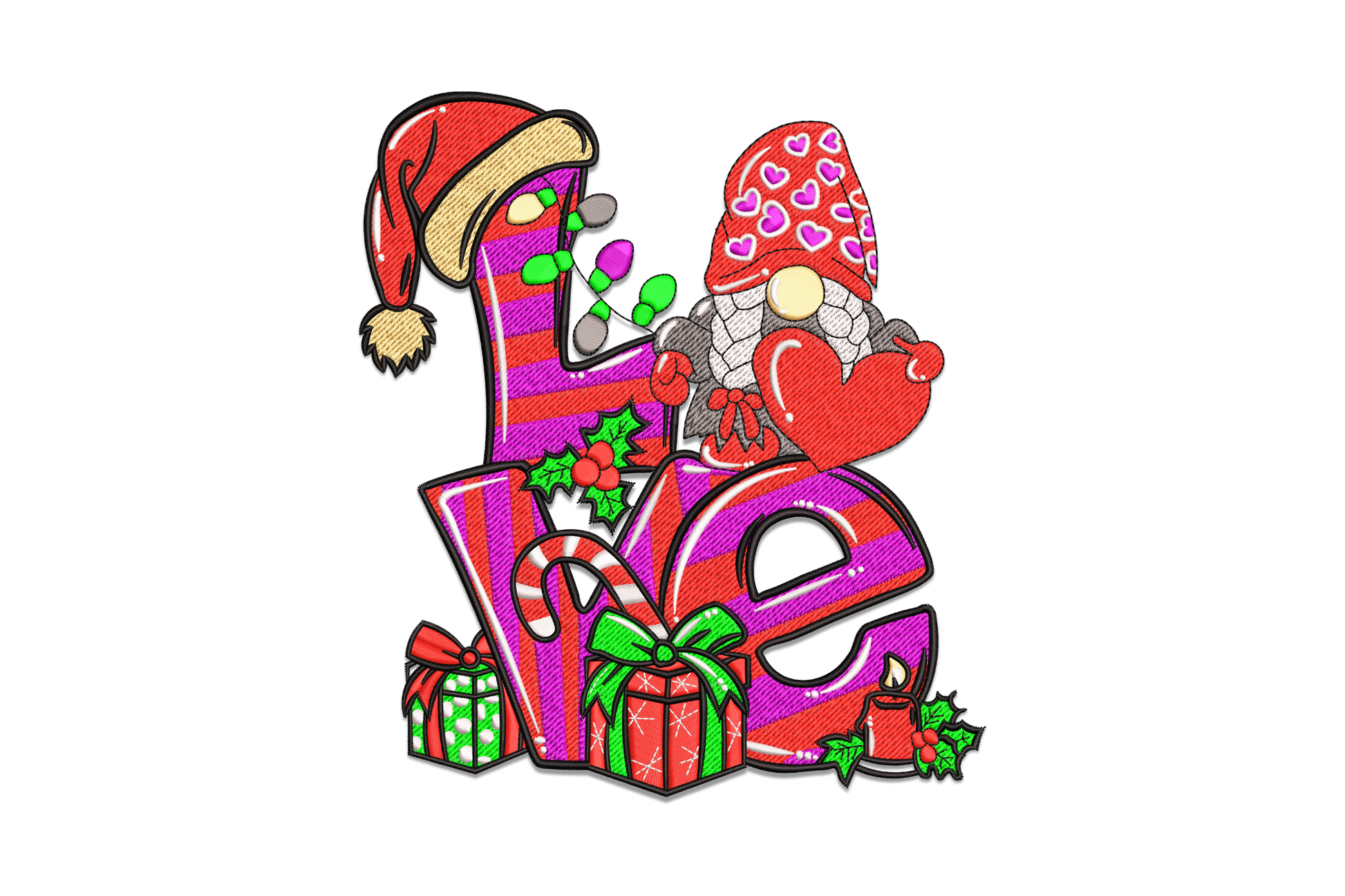 Christmas LOVE gnome embroidery design with chunky block letters decorated with a Santa hat, candy cane, holly lights, gnome figure and gift boxes.