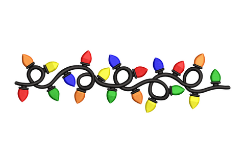 Christmas light string border embroidery design with red green orange yellow and blue bulbs on a curved black wire