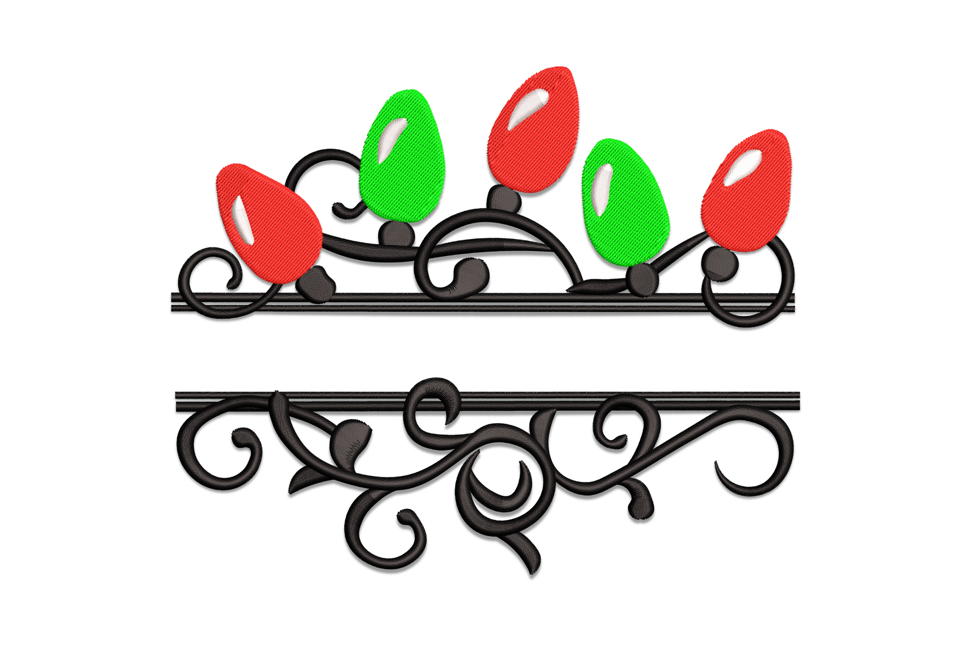Christmas light border embroidery design with scrollwork rail, red and green teardrop bulbs and a split gap for name personalisation.