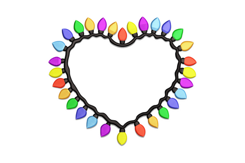 Christmas light heart embroidery design with colorful string light bulbs tracing a heart outline on white background.