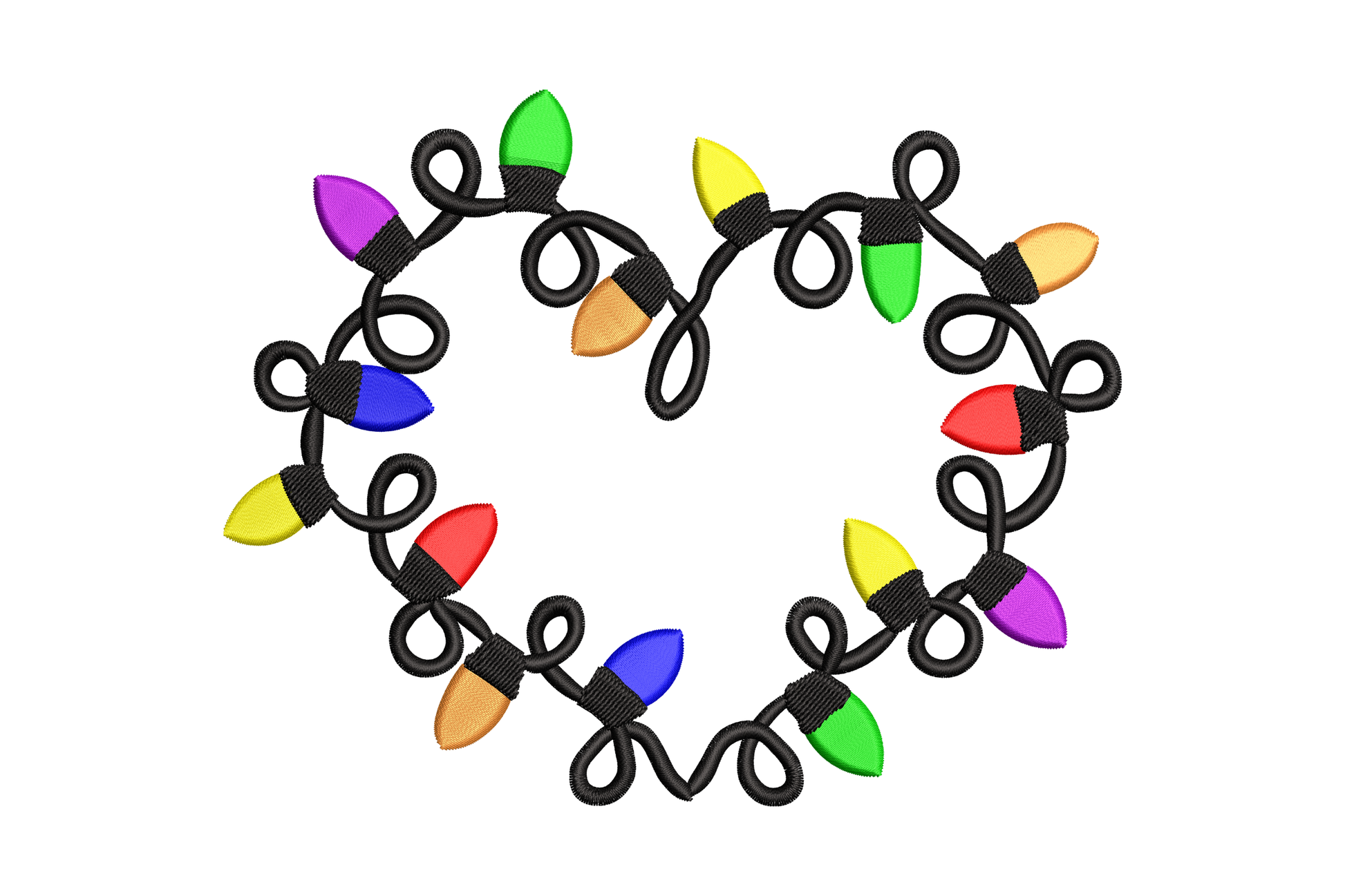 Christmas light heart wreath embroidery, multicolour bulbs looped into a heart, purple green yellow orange blue red on black cord