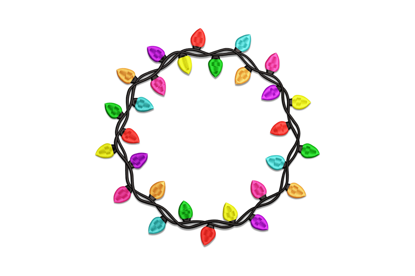 Christmas light wreath embroidery, sparse pine ring with round bulbs in red, yellow, orange, blue, purple and gold.