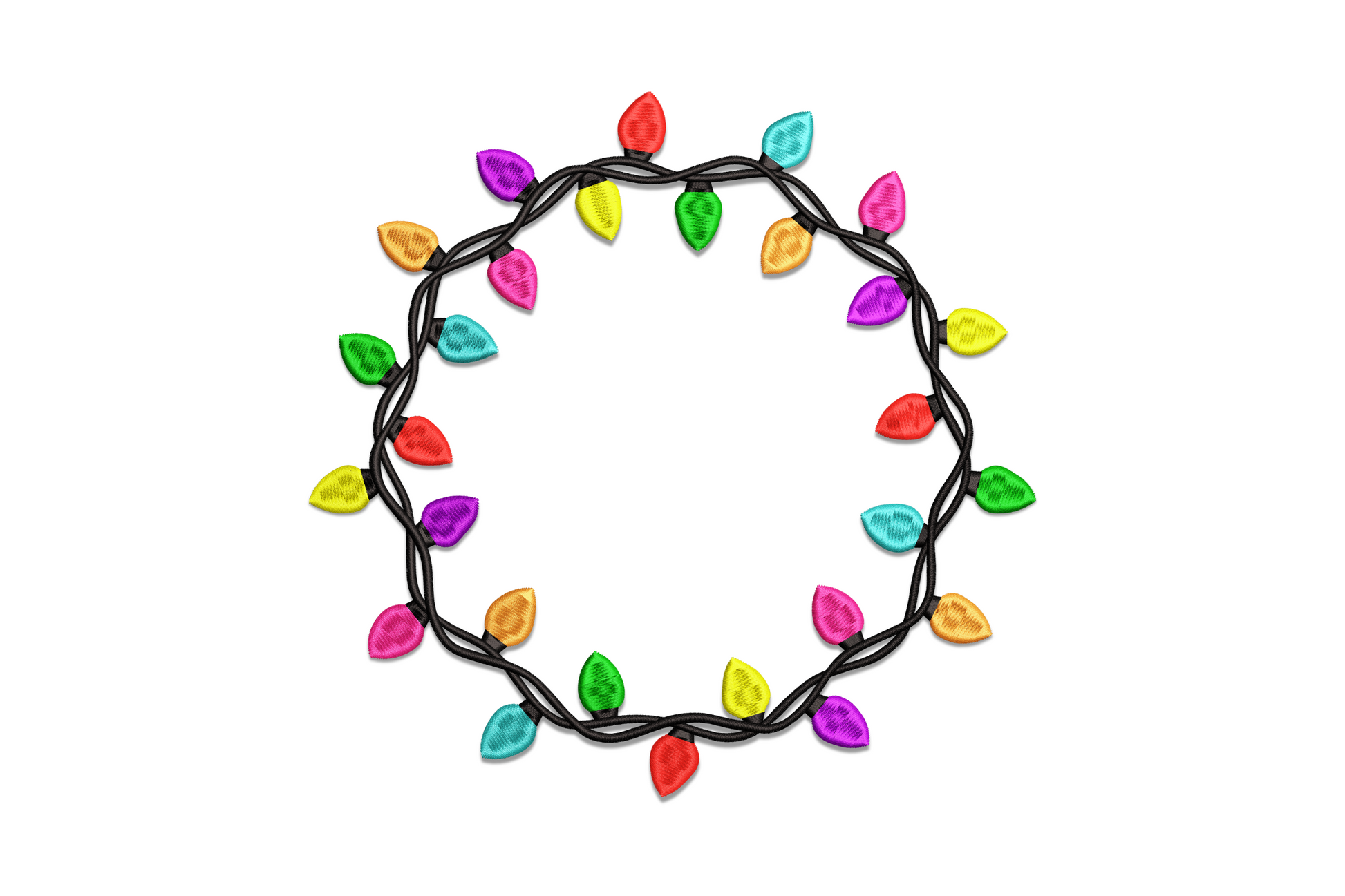 Christmas light wreath embroidery, sparse pine ring with round bulbs in red, yellow, orange, blue, purple and gold.