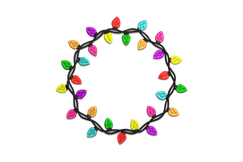 Christmas light wreath embroidery, sparse pine ring with round bulbs in red, yellow, orange, blue, purple and gold.