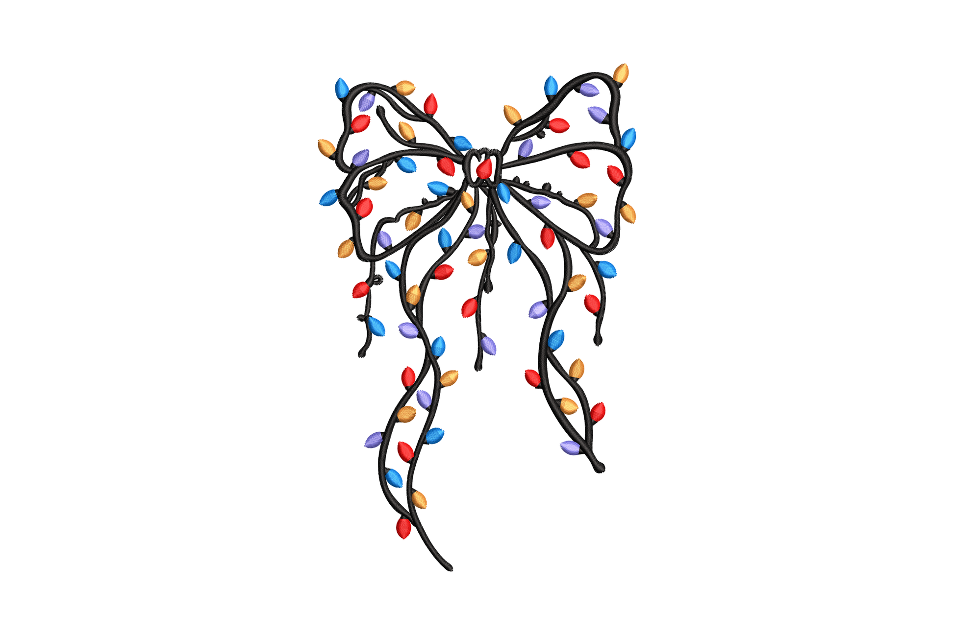 Christmas lights bow embroidery design with decorative string light bulbs around ribbon bow, 5 colours, 5 sizes