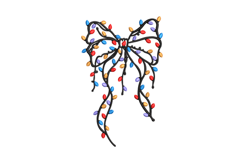 Christmas lights bow embroidery design with decorative string light bulbs around ribbon bow, 5 colours, 5 sizes