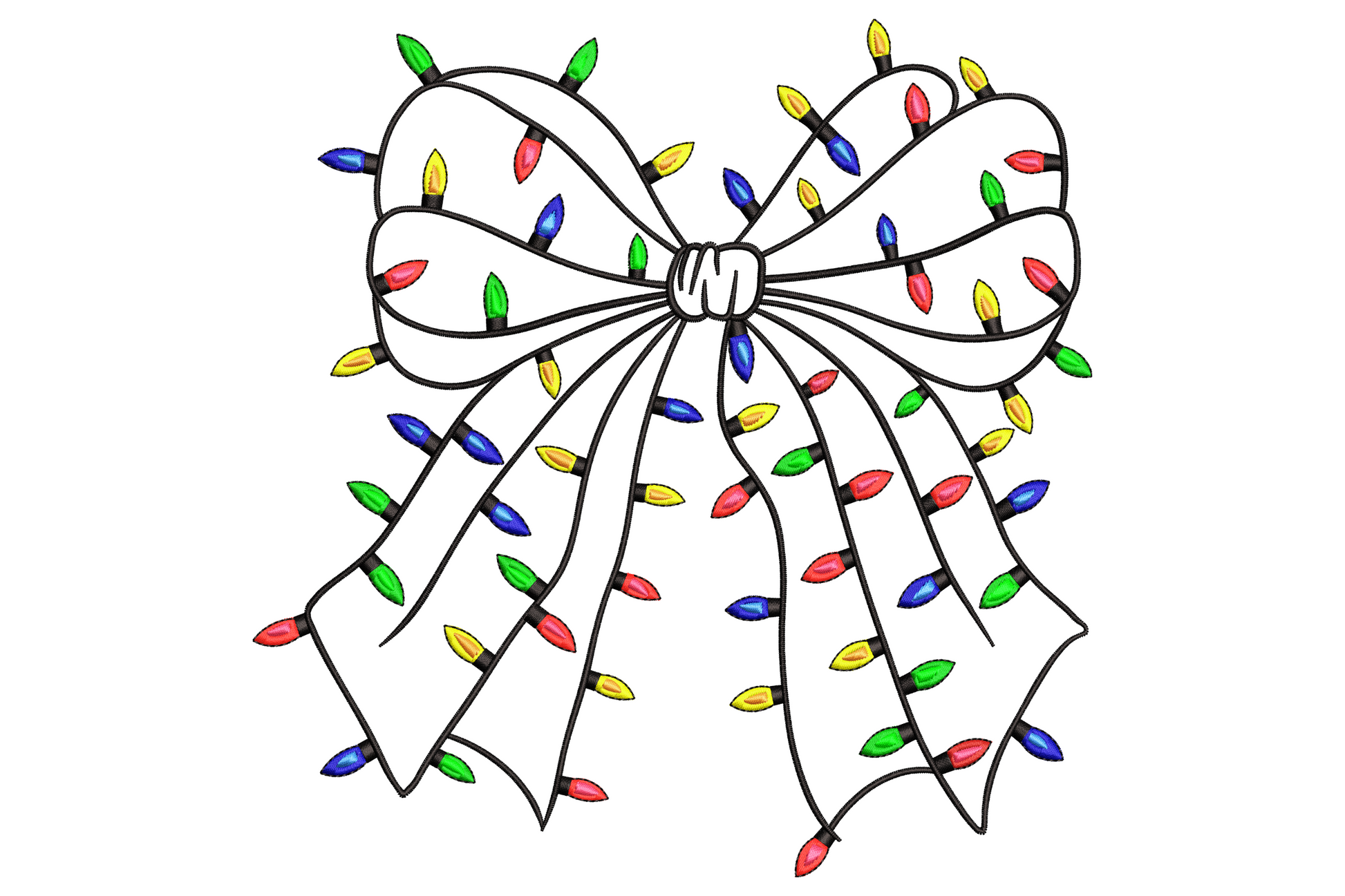 Christmas lights bow embroidery design with black outlined ribbon and string of red green blue yellow holiday bulbs
