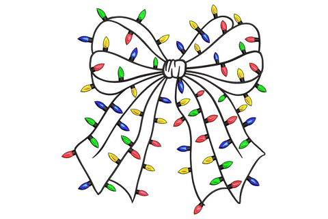 Christmas lights bow embroidery design with black outlined ribbon and string of red green blue yellow holiday bulbs