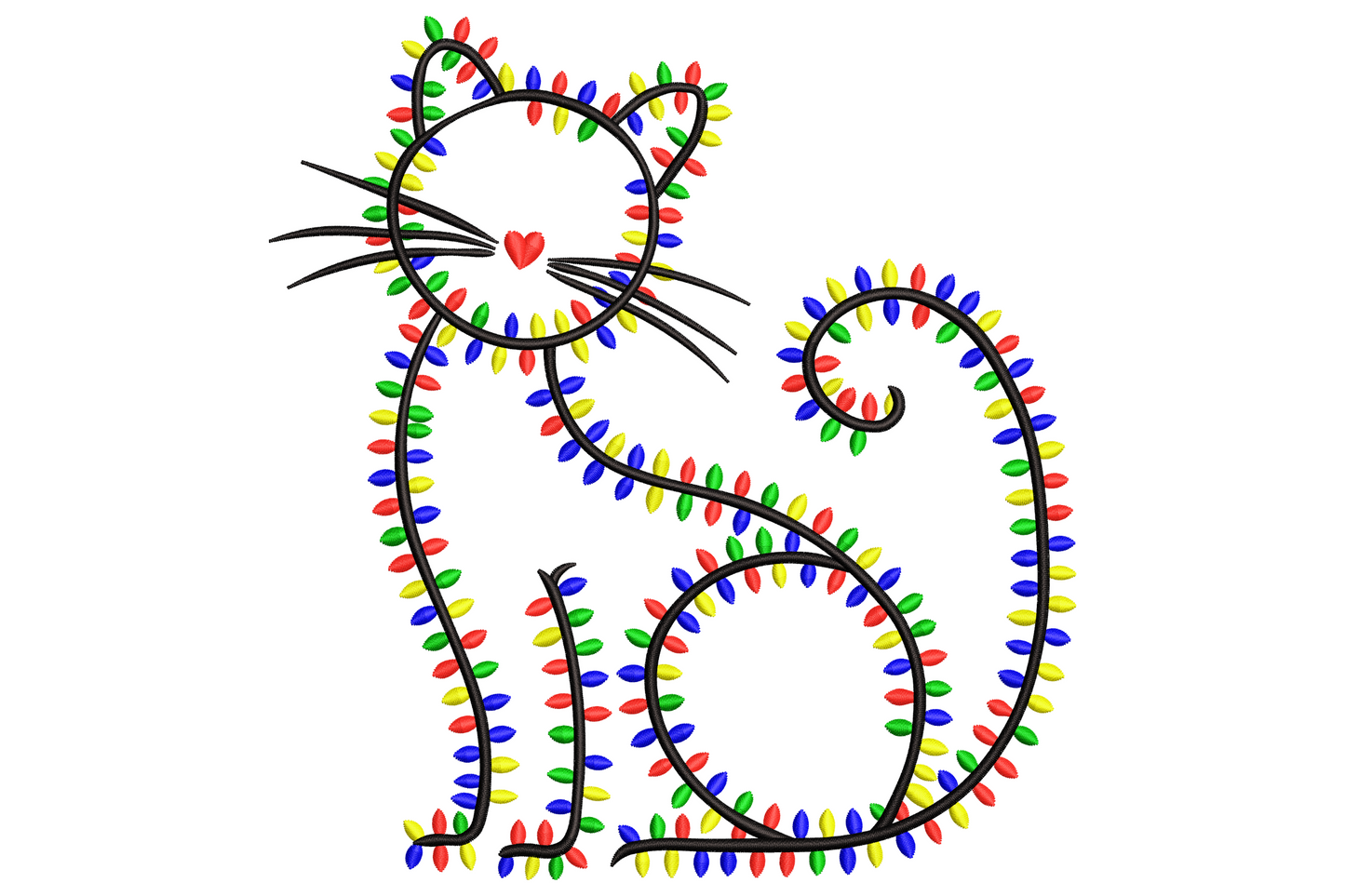 Christmas lights cat embroidery design, round chubby cartoon cat tangled in coloured Christmas light strand, five-colour festive composition with red yellow and green bulbs.