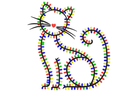 Christmas lights cat embroidery design, round chubby cartoon cat tangled in coloured Christmas light strand, five-colour festive composition with red yellow and green bulbs.
