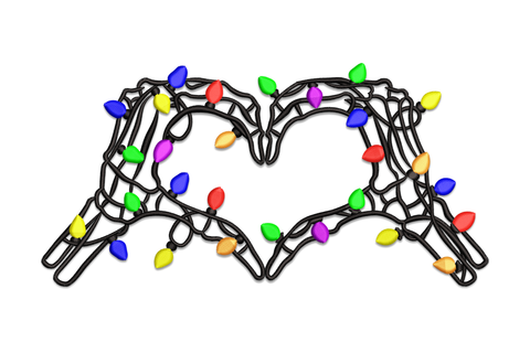 Christmas lights hand heart embroidery design with two black outline hands forming a heart shape and colourful bulb lights in blue, red, green, yellow, orange and purple draped across the fingers.