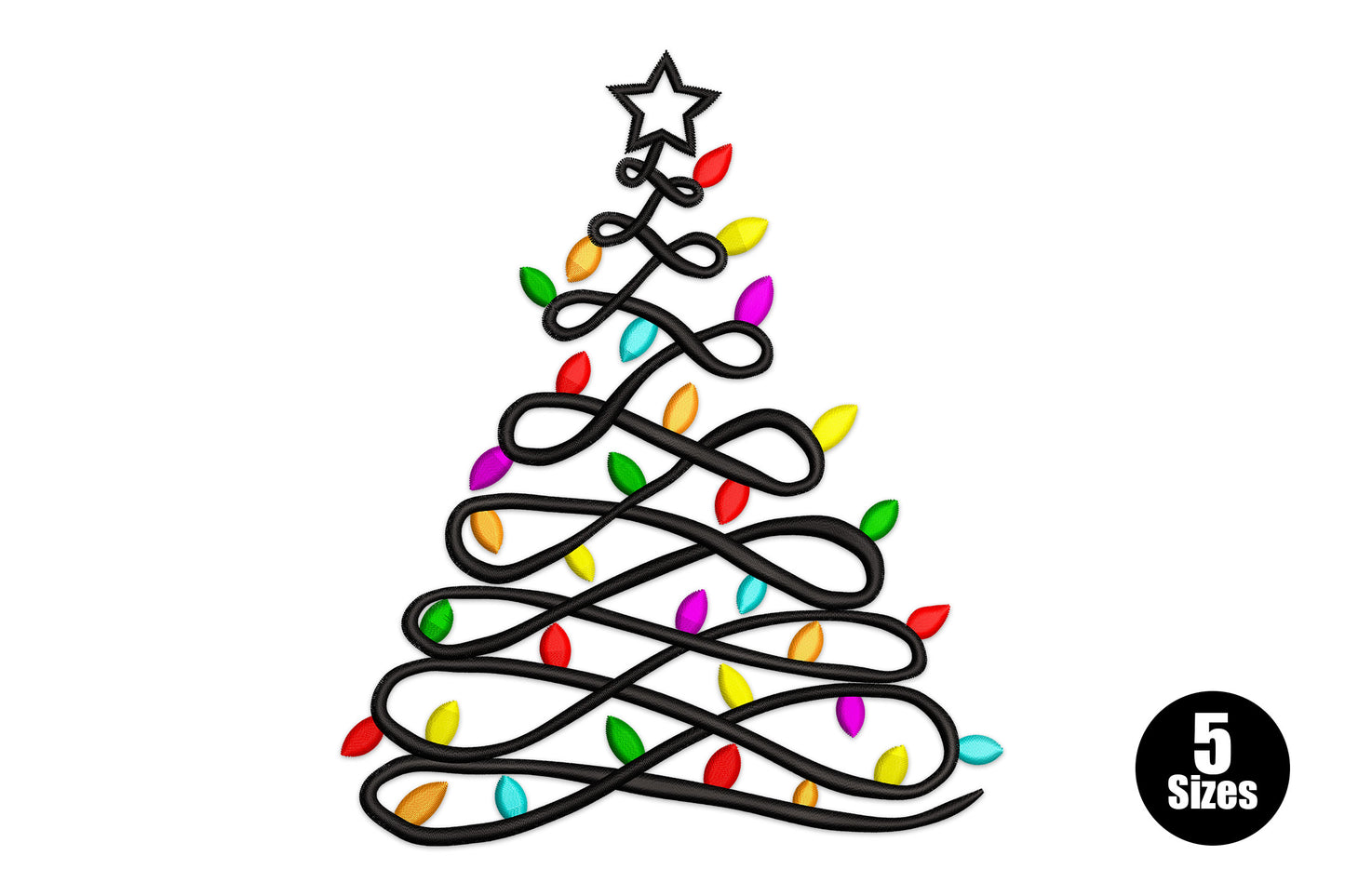 Christmas tree embroidery formed from scribbled black wire with red orange yellow green aqua magenta bulbs and a star on top.