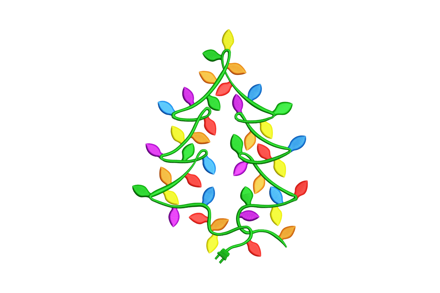 Christmas lights tree machine embroidery design showing a triangular tree outline with coloured oval light bulbs and star topper, 7 colours, 5 sizes from 3.51 to 7.51 inches wide