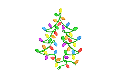 Christmas lights tree machine embroidery design showing a triangular tree outline with coloured oval light bulbs and star topper, 7 colours, 5 sizes from 3.51 to 7.51 inches wide