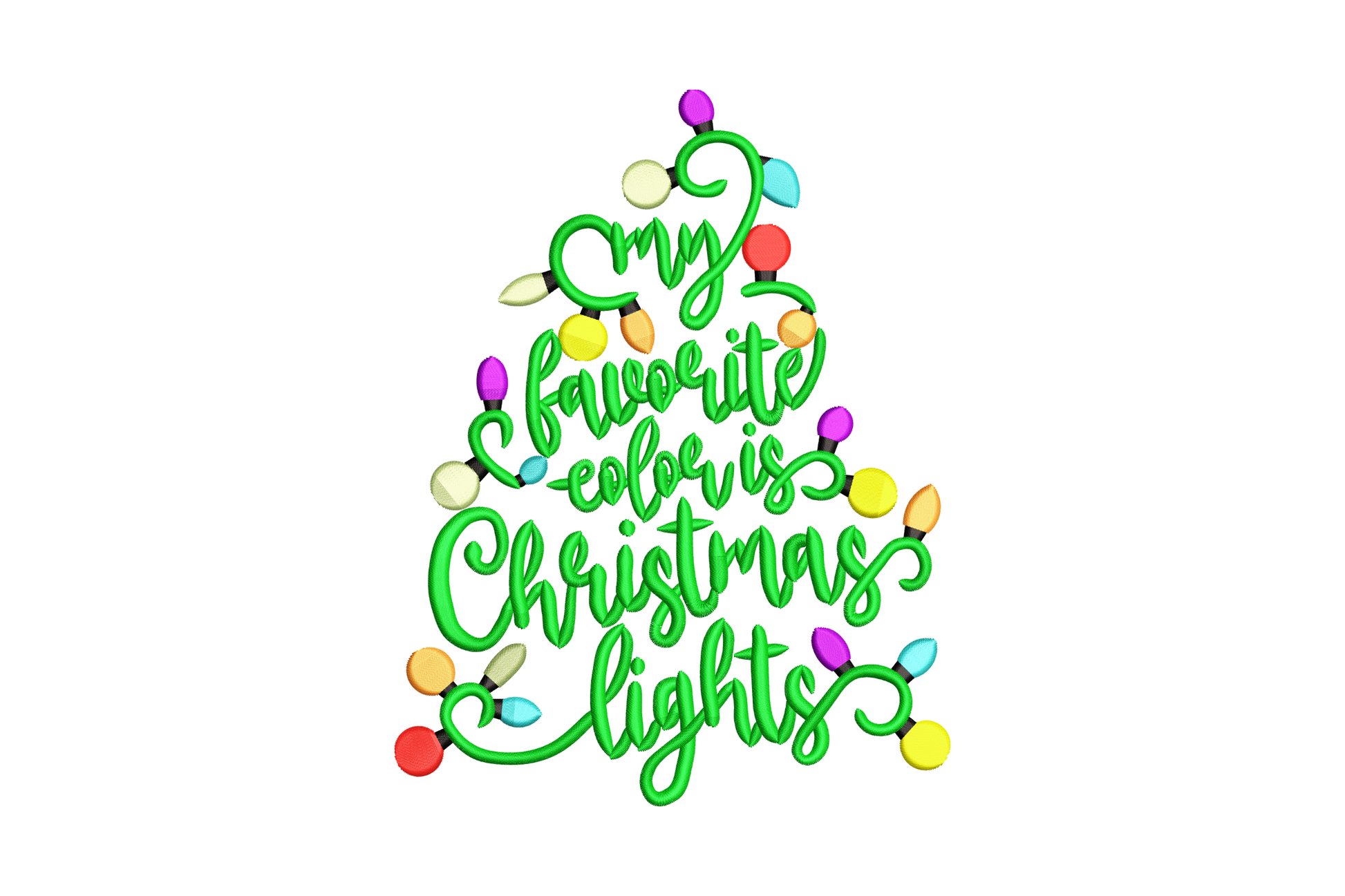Christmas lights tree quote embroidery design with pine green branches and gold lettering on a kraft canvas pillow.
