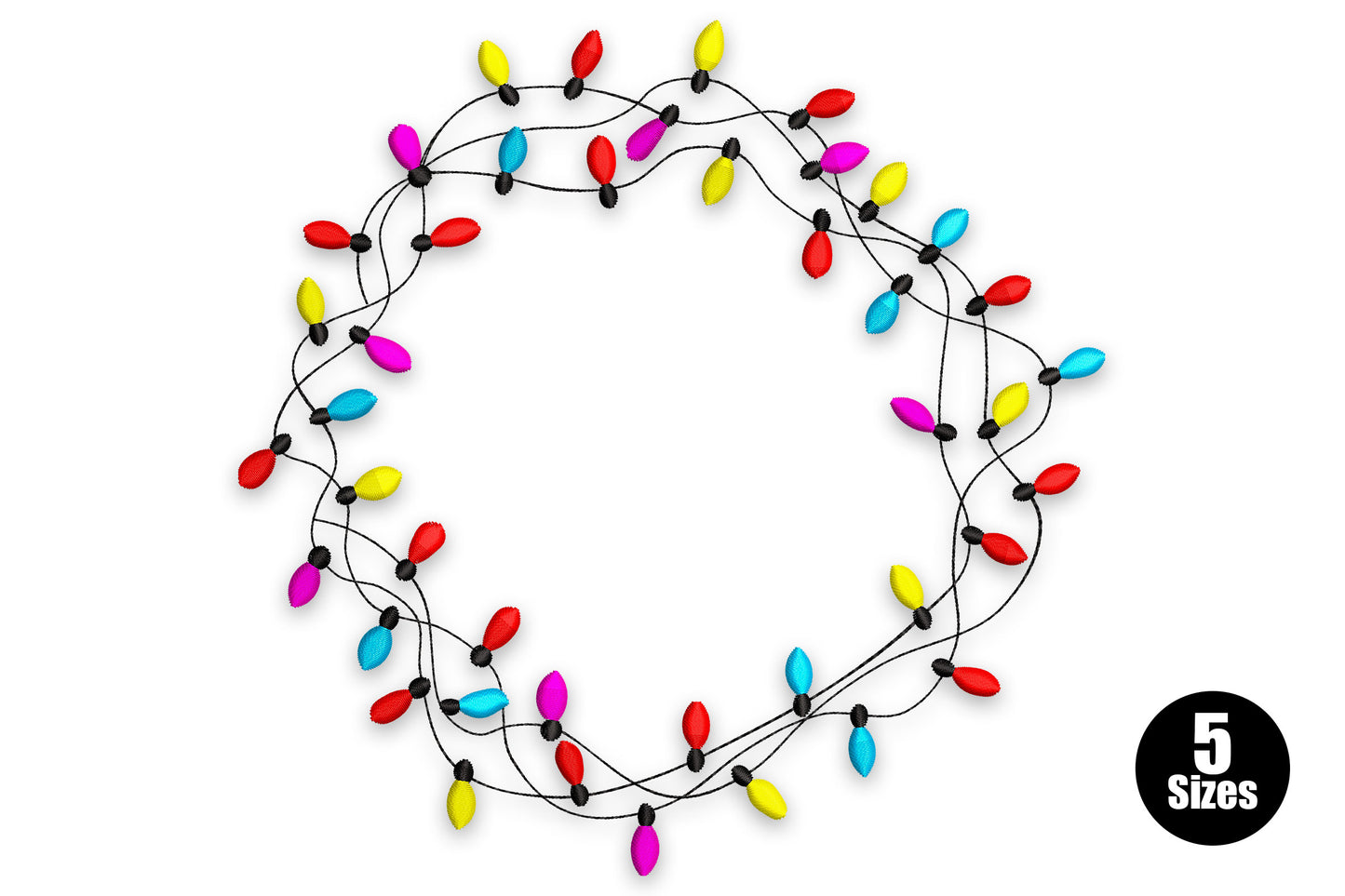 Christmas lights wreath embroidery with red yellow pink and cyan vintage C7 bulbs on a tangled black wire string circle.
