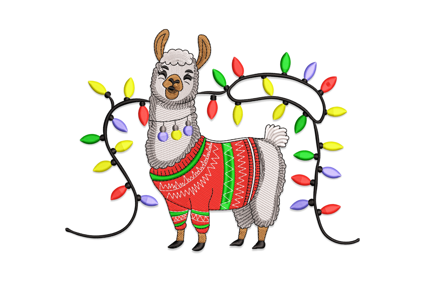 Christmas llama in red and green zigzag sweater with pearl earring dangles, framed by a multicolour string light arch.