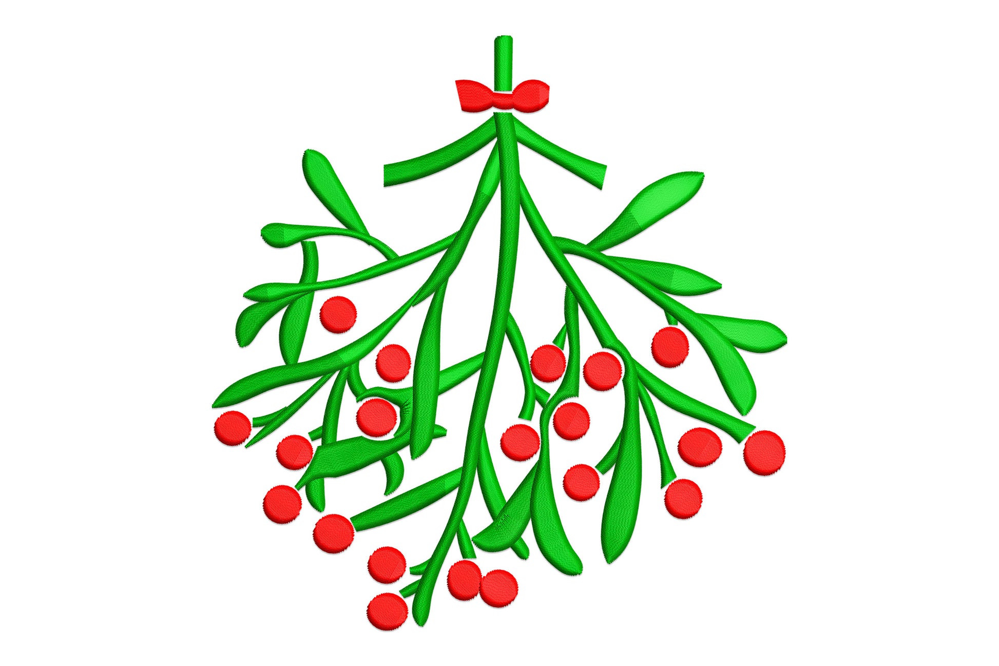 Christmas mistletoe embroidery, forest green leaves, red berry clusters and red bow, flat satin stitch on white.