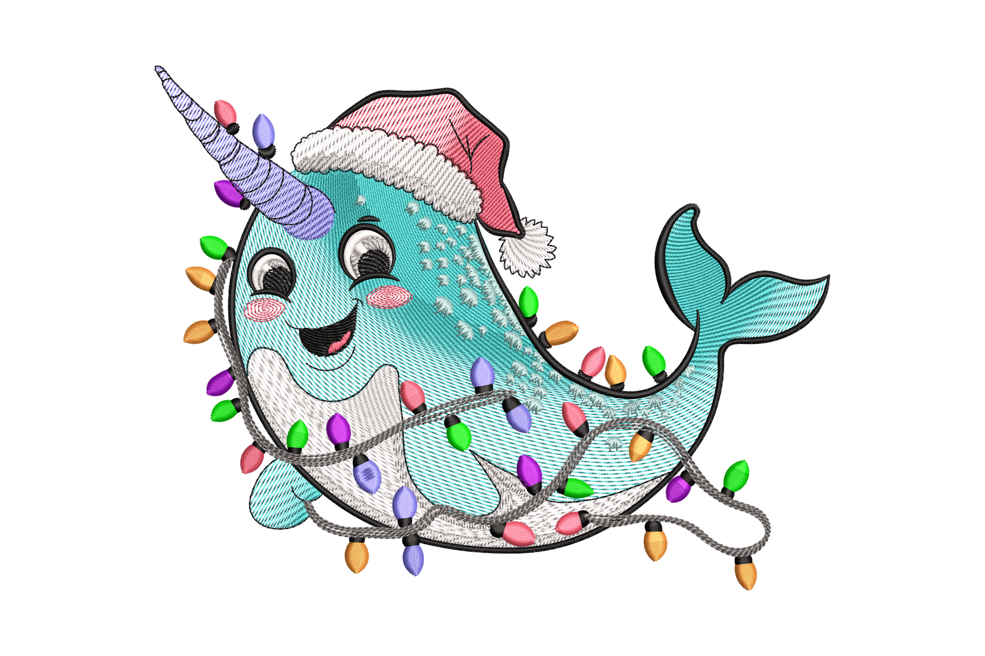 Aqua christmas narwhal embroidery with red santa hat and string of colourful christmas lights wrapped around its body.