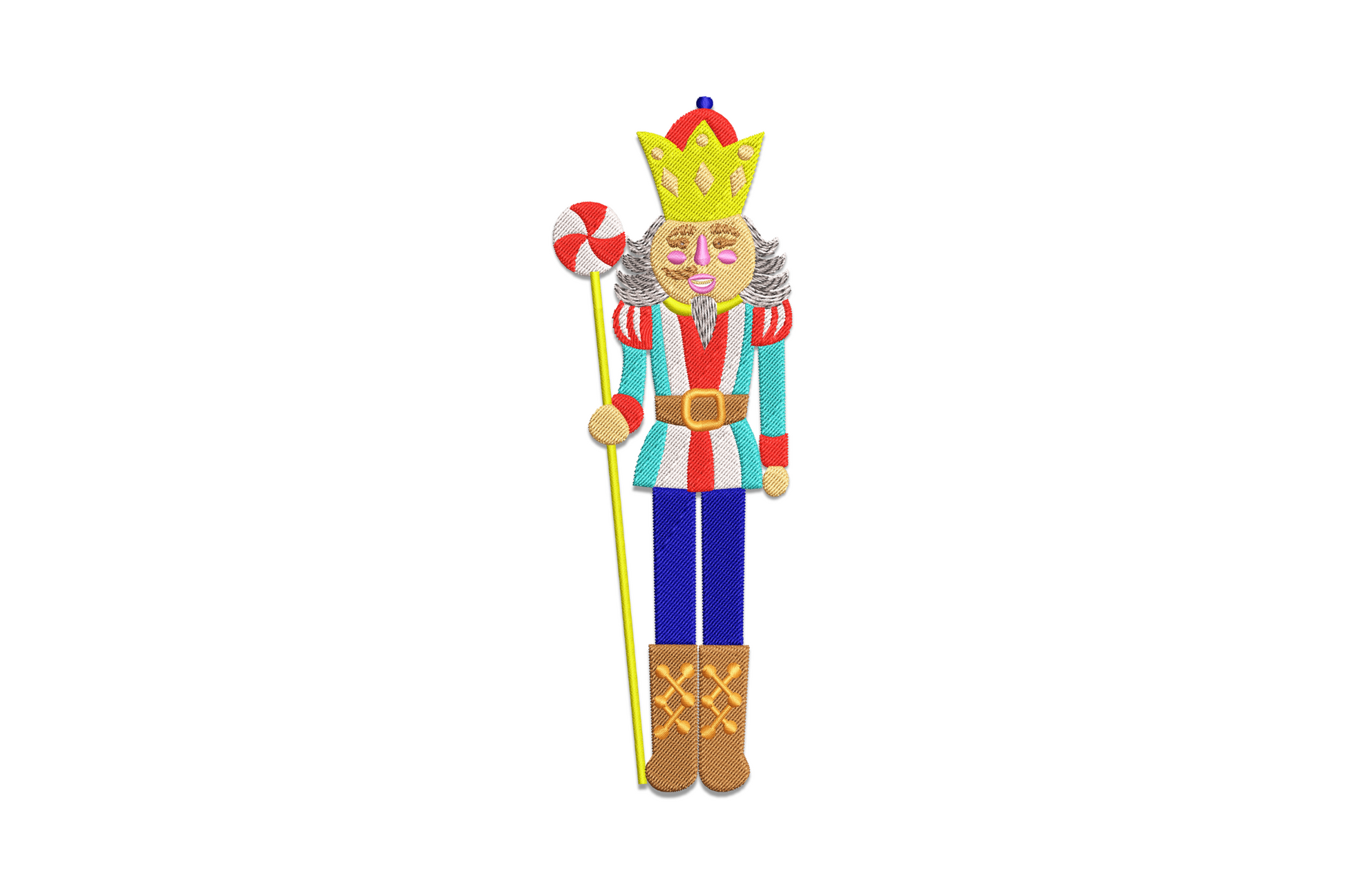 Christmas nutcracker candy king embroidery design with candy-cane striped crown, royal purple coat and gold epaulettes in 10 colours.