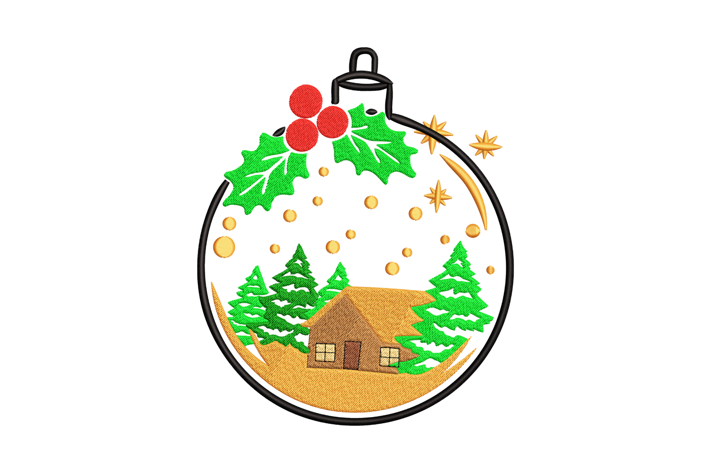 Christmas ornament embroidery design showing a round bauble with a cabin, pine trees and holly berry scene inside
