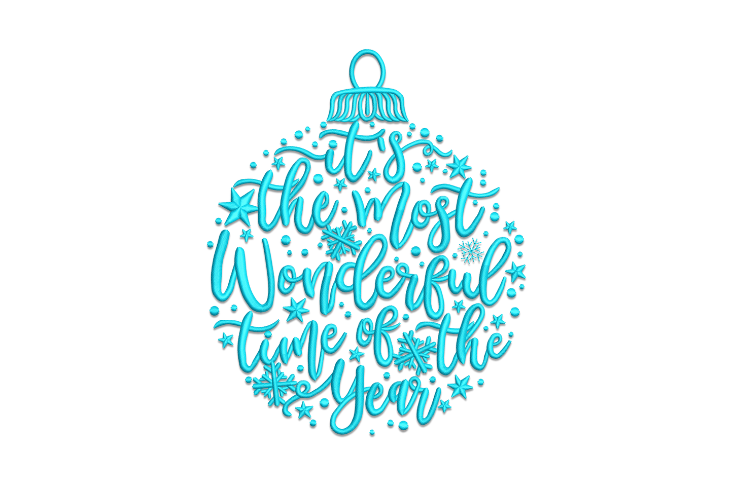 Christmas ornament typography embroidery, aqua cursive inside a bauble shape with stars and snowflakes