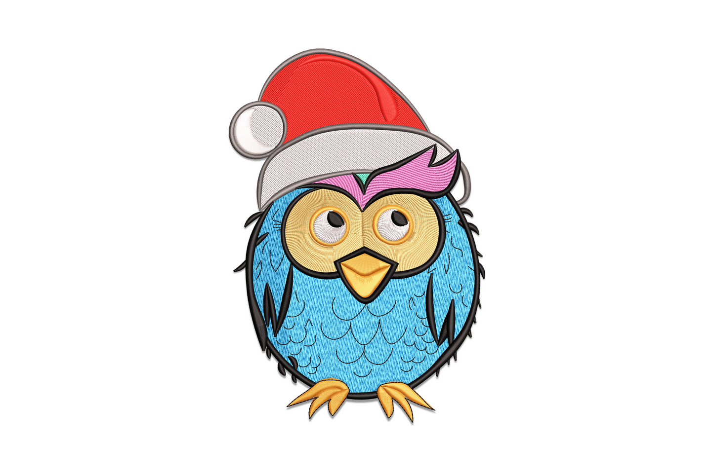 Christmas owl embroidery design, round blue puffed owl in red Santa hat with big yellow eyes, pink crest and orange feet.