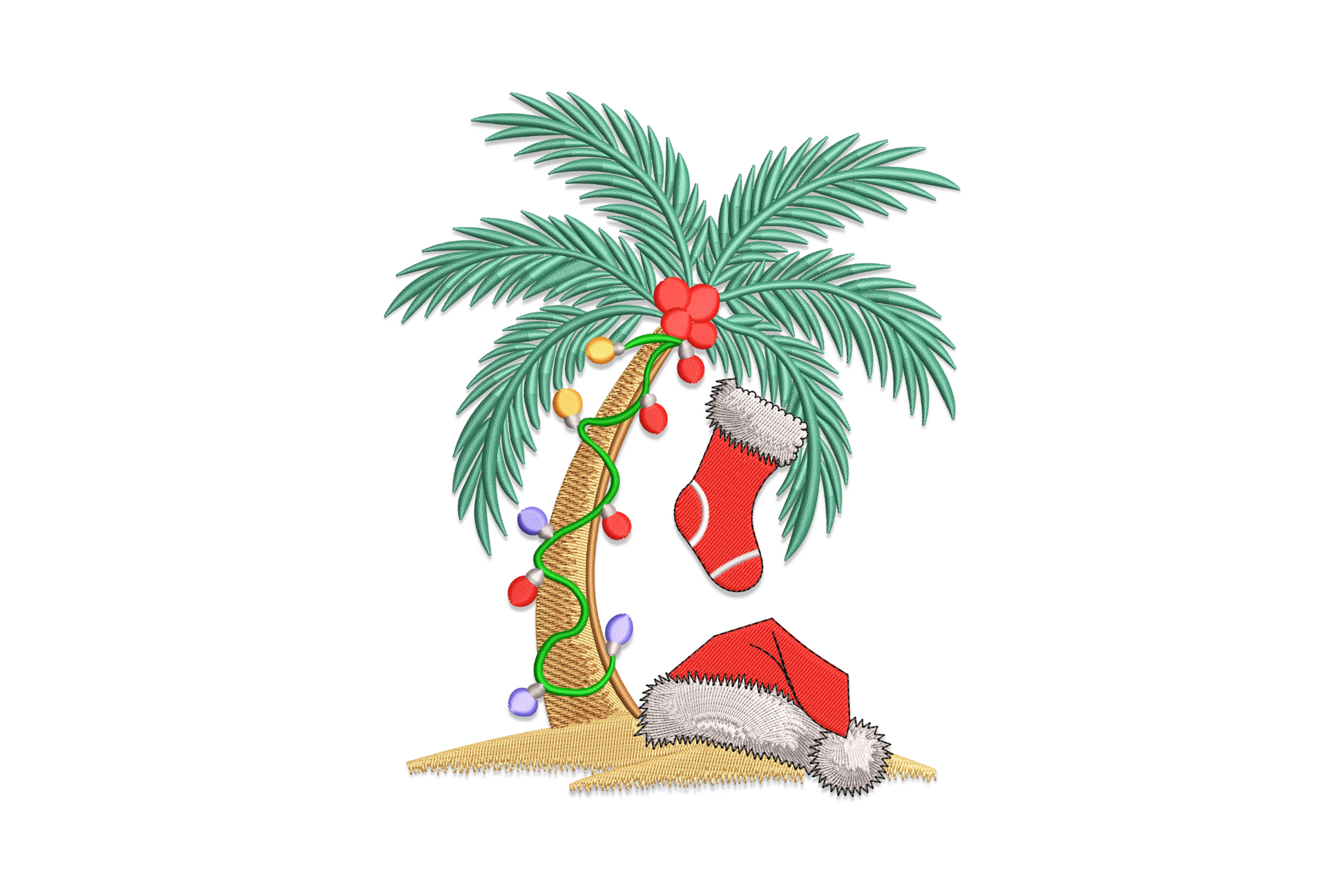 Christmas palm tree embroidery design, tan trunk with spiral lights, green fronds, red stocking and Santa hat on sand.