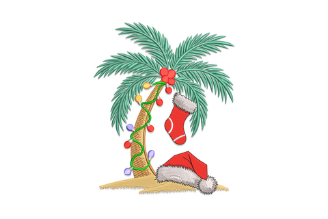 Christmas palm tree embroidery design, tan trunk with spiral lights, green fronds, red stocking and Santa hat on sand.