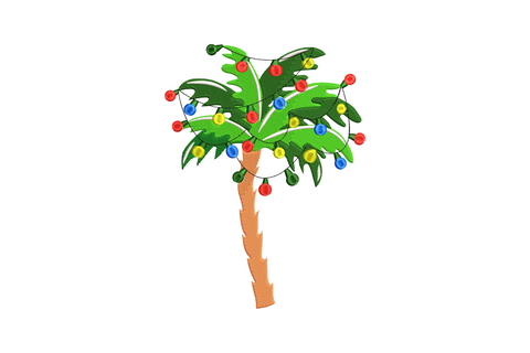 Tropical palm tree decorated with red and gold Christmas ornaments and a yellow star topper, machine embroidery design on white fabric, 21 colours, 5 sizes from 3.5 to 7.5 inches wide
