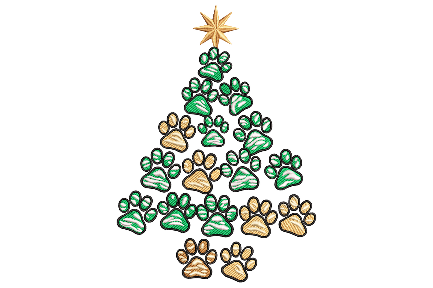 Embroidered christmas tree made of green and tan paw prints with a gold star on top, festive pet holiday design on white.